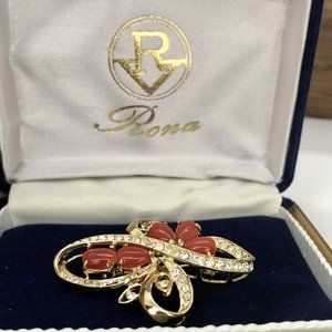 RV Rona Coral and Clear Rhinestones Brooch/Pin